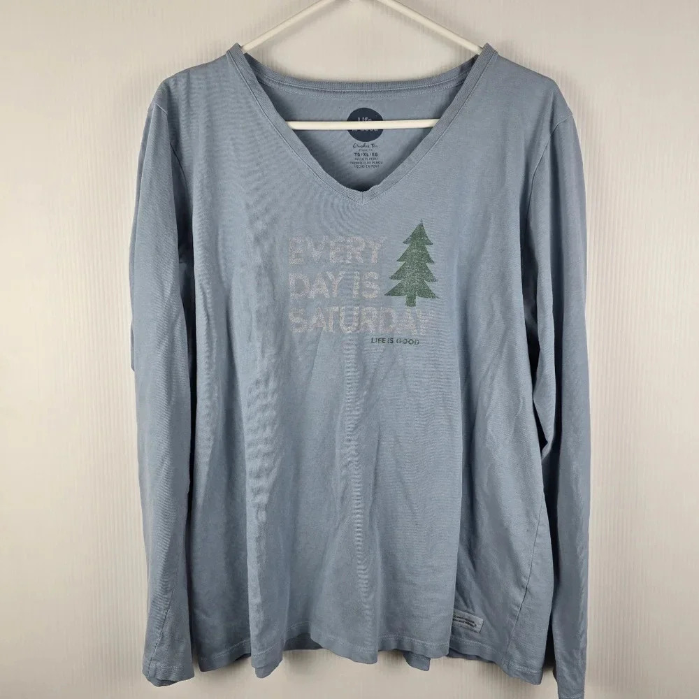 Life Is Good "Everyday Is Saturday" Long Sleeve T-Shirt Light Blue Grey Size XL